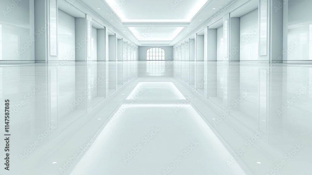 Fototapeta premium Symmetrical empty white corridor with reflective glossy floor and bright ceiling lights in a modern minimalist building.