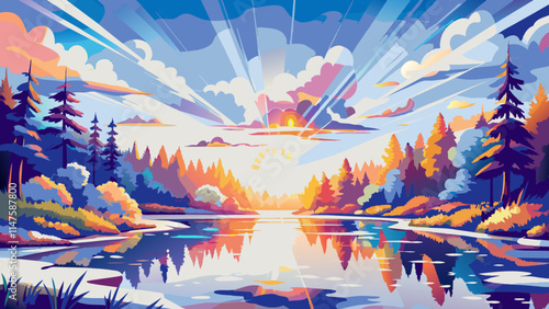 Enchanting Sunset Over Serene Forest Lake Landscape