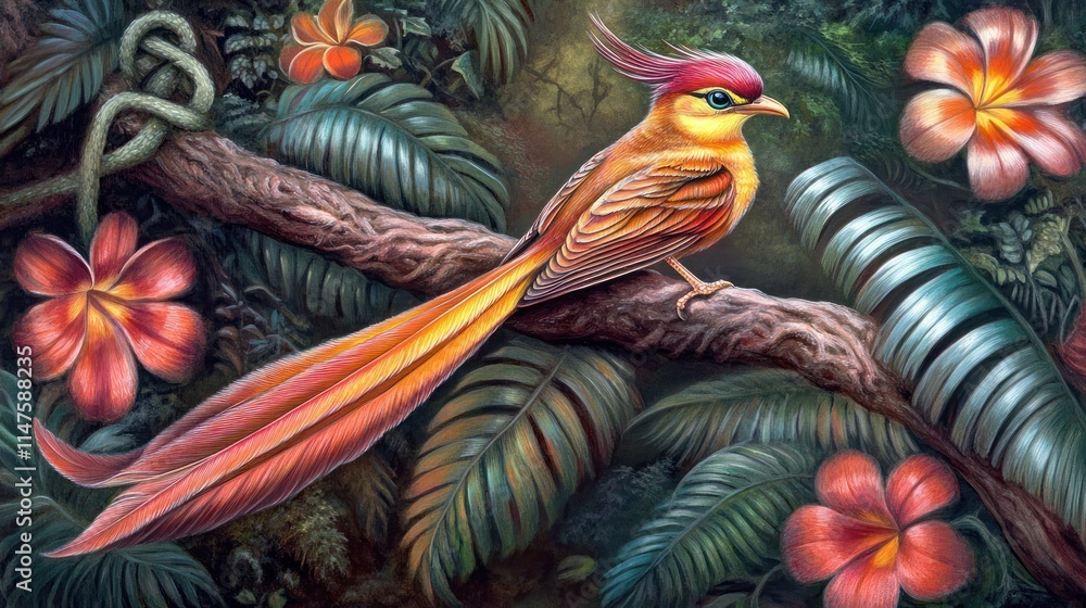 Naklejka premium Exotic bird with long tail perched on branch in lush tropical rainforest.