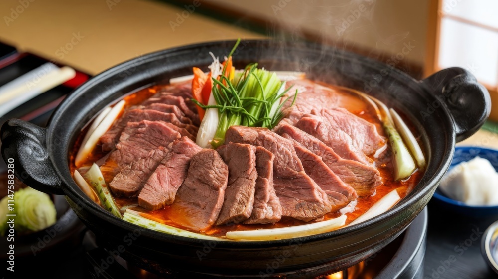 Delicious spicy beef Shabu Shabu simmering in a steaming hot pot, a flavorful Japanese dish Delicious spicy beef Shabu Shabu simmering in a steaming hot pot, a flavorful Japanese dish