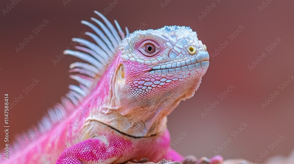 Obraz premium Close-up portrait of a vibrant pink and white iguana with sharp dorsal spines against a soft blurred background.