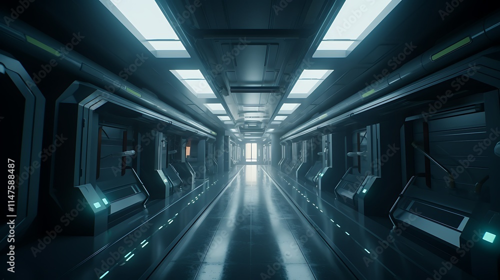 Obraz premium Futuristic spaceship corridor with glowing panels and doors.