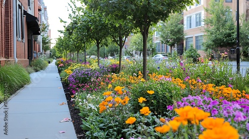 Fototapeta Naklejka Na Ścianę i Meble -  A sidewalk garden in an urban neighborhood, where colorful flowers and small trees are planted to enhance the walkability of the area 