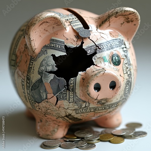 A cracked piggy bank with cash and coins, symbolizing savings and financial issues. photo