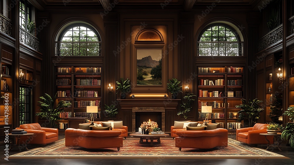 Luxury Library Interior Design. Elegant Home Library with Fireplace and Leather Seating. Luxury Library Interior Design. Elegant Home Library with Fireplace and Leather Seating.