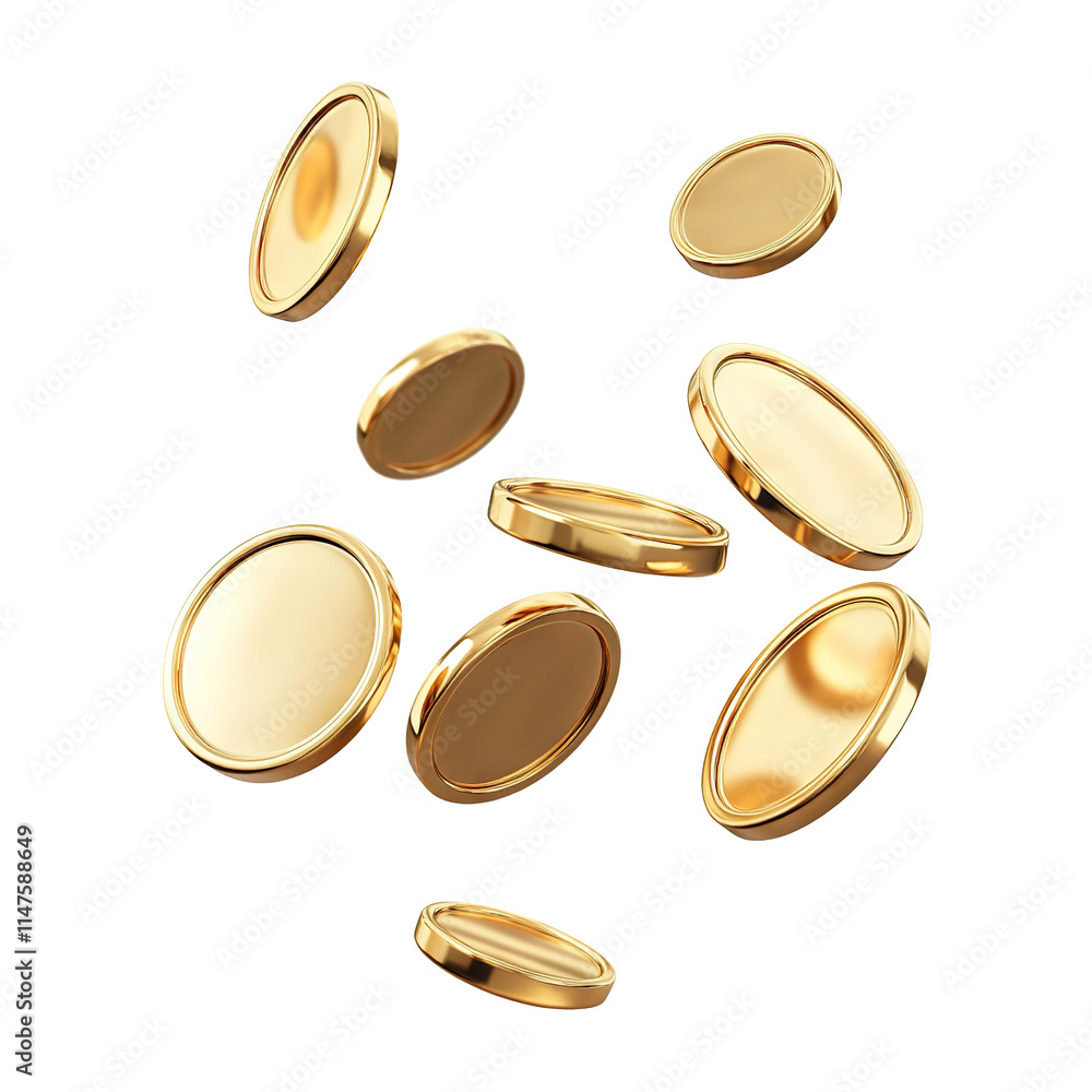 Floating gold coins in motion, isolated on transparent cutout background Floating gold coins in motion, isolated on transparent cutout background
