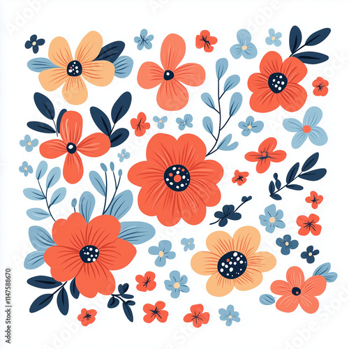 Spring flowers flat vector illustration with simple shapes, cyan and red colors, white background,