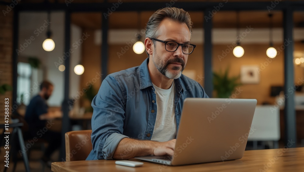 A middle-aged man working on his laptop at a trendy coworking space, looking focused and productive, with modern furniture and soft lighting in the background A middle-aged man working on his laptop at a trendy coworking space, looking focused and productive, with modern furniture and soft lighting in the background