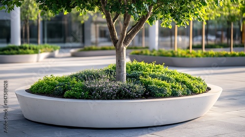 Wallpaper Mural A close-up of a healthy urban tree planted in a large concrete planter, surrounded by small decorative shrubs, showcasing green spaces in a city  Torontodigital.ca