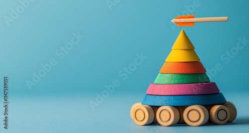 Colorful wooden stacking toy pyramid with arrow on blue background.