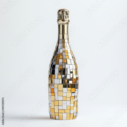 an elegant and modern champagne bottle wrapped in shiny pieces of glass photo