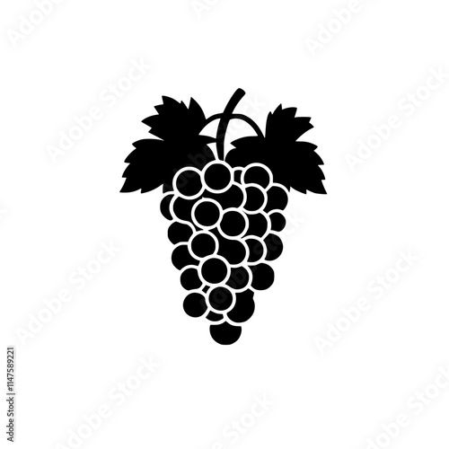 Grape Cluster Silhouette with Leaves, Black and white silhouette of a grape cluster with detailed leaves and stem, showcasing a minimalist and elegant design.

