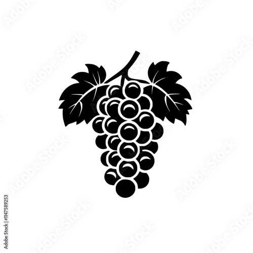 Grape Cluster Silhouette with Leaves, Black and white silhouette of a grape cluster with detailed leaves and stem, showcasing a minimalist and elegant design.

