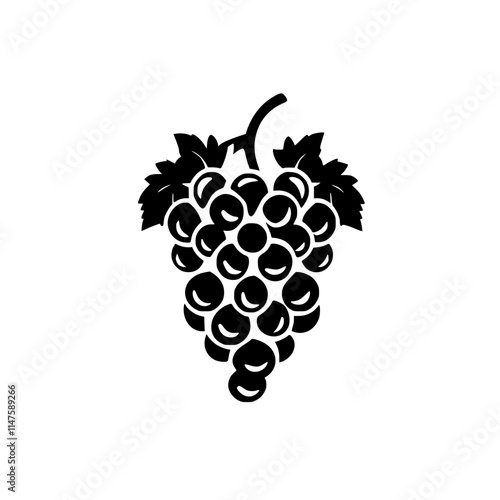 Grape Cluster Silhouette with Leaves, Black and white silhouette of a grape cluster with detailed leaves and stem, showcasing a minimalist and elegant design.

