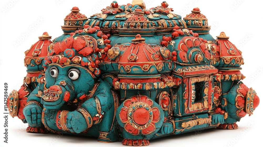 Fototapeta premium Ornate Tibetan style jewelry box adorned with turquoise and coral stones on white background.