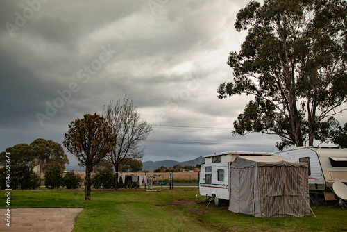 Clothes drying on makeshift washing line at caravan park