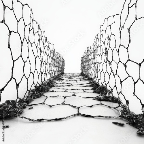 Abstract pathway with wire mesh on white backdrop. photo