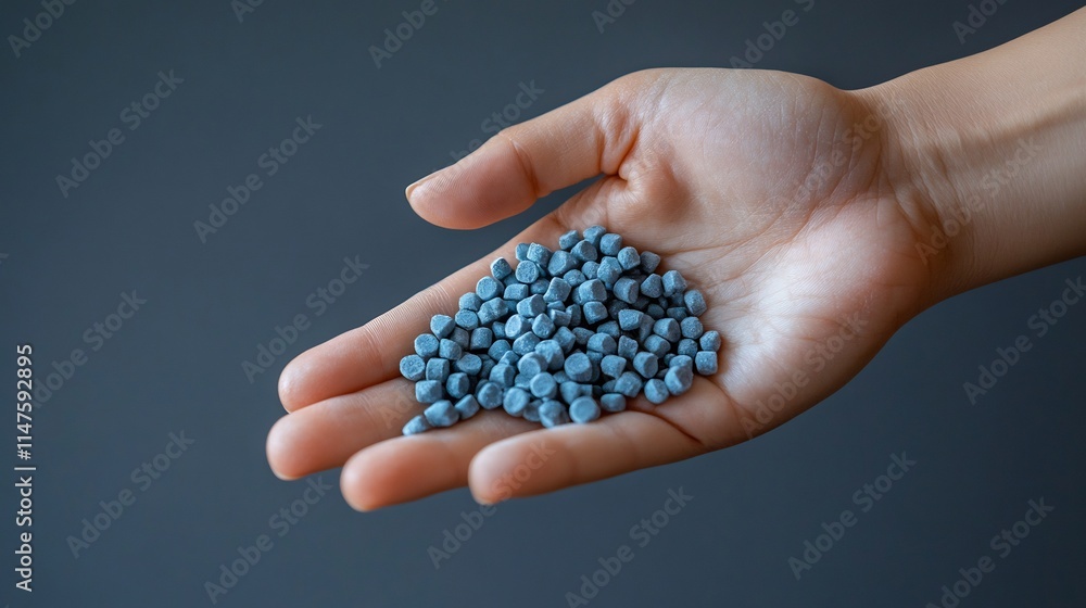 Hand holding a pile of small, light blue plastic pellets. Hand holding a pile of small, light blue plastic pellets.