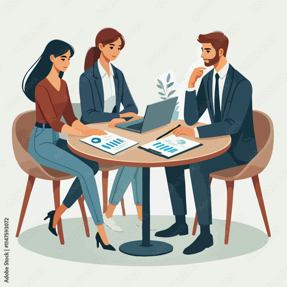 Partners meeting for business discussion with documents and laptop on desk. Couple at round table, speaking, discussing work, partnership. Flat vector illustration isolated on white background Partners meeting for business discussion with documents and laptop on desk. Couple at round table, speaking, discussing work, partnership. Flat vector illustration isolated on white background
