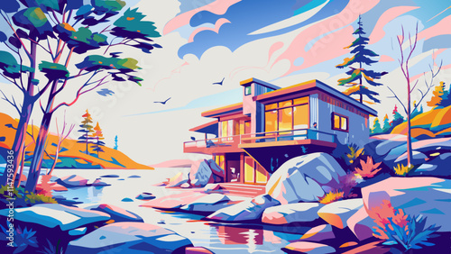 Vibrant Lakeside Retreat: Modern Cabin Surrounded by Nature's Splendor