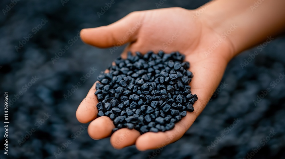 Hand holding small, dark-colored granules. Hand holding small, dark-colored granules.