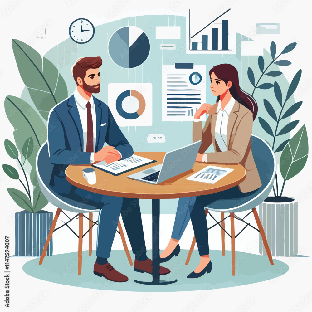 Partners meeting for business discussion with documents and laptop on desk. Couple at round table, speaking, discussing work, partnership. Flat vector illustration isolated on white background Partners meeting for business discussion with documents and laptop on desk. Couple at round table, speaking, discussing work, partnership. Flat vector illustration isolated on white background