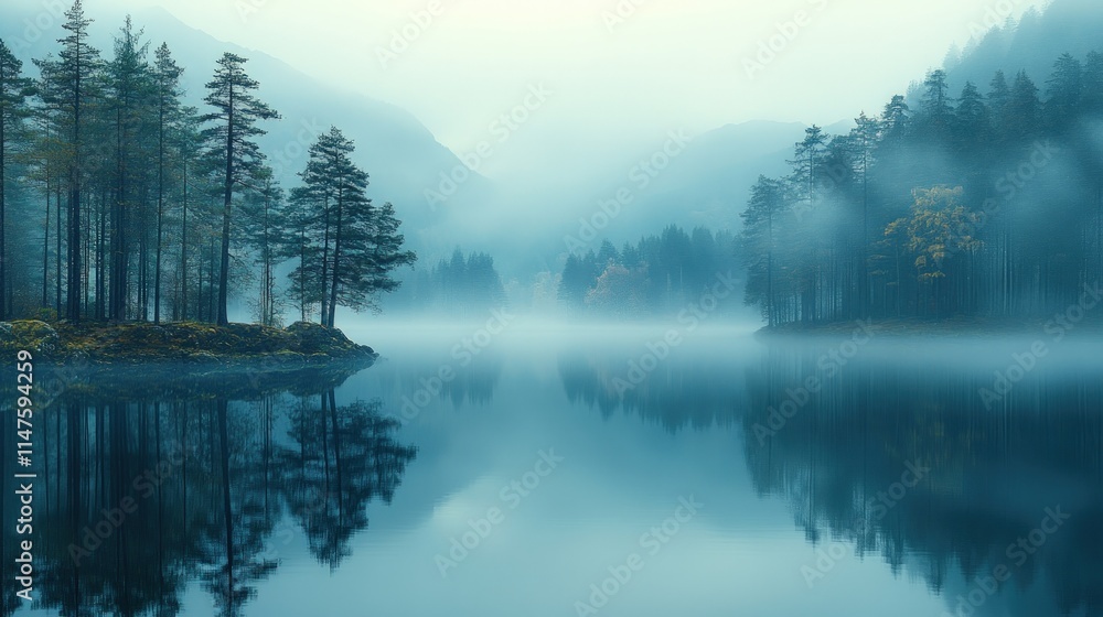 Misty lake reflects foggy mountains, trees. Misty lake reflects foggy mountains, trees.