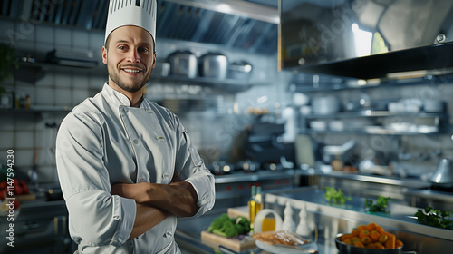A smiling male cook chef in a commercial kitchen, wearing a white uniform and hat, preparing dishes with fresh ingredients in a lively environment.  
