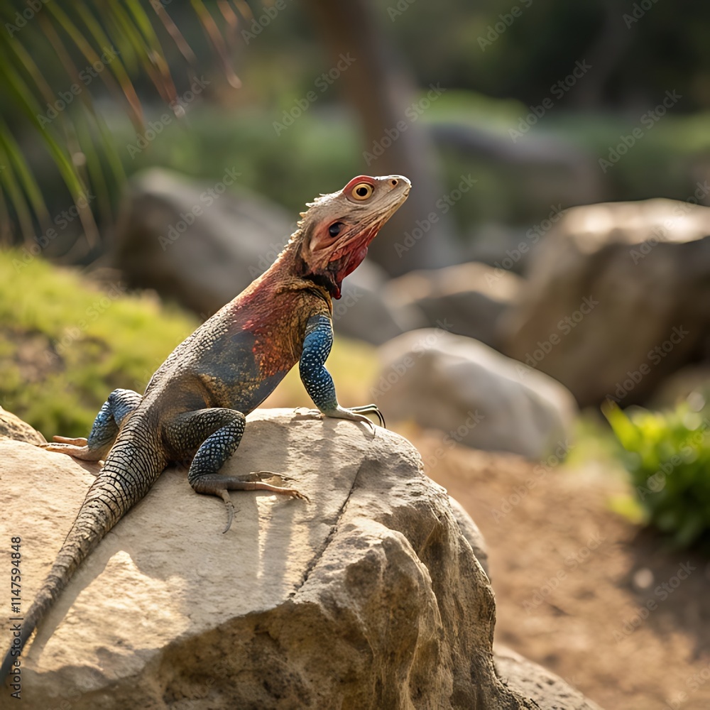 Colorful lizard basking on a rock in natural sunlight Colorful lizard basking on a rock in natural sunlight