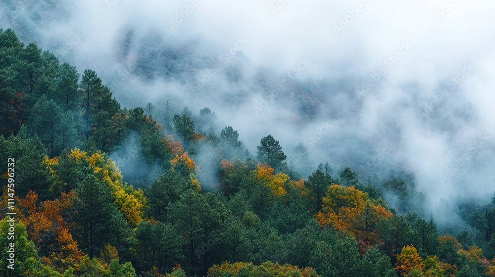 Fototapeta premium Misty Autumn Forest Hillside Scenic View