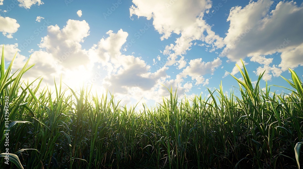 Obraz premium Lush green grass field under a bright sunny sky with fluffy clouds.