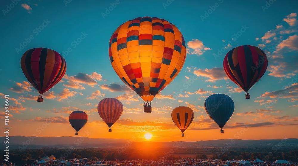 Obraz premium Sunrise hot air balloons festival crowd.