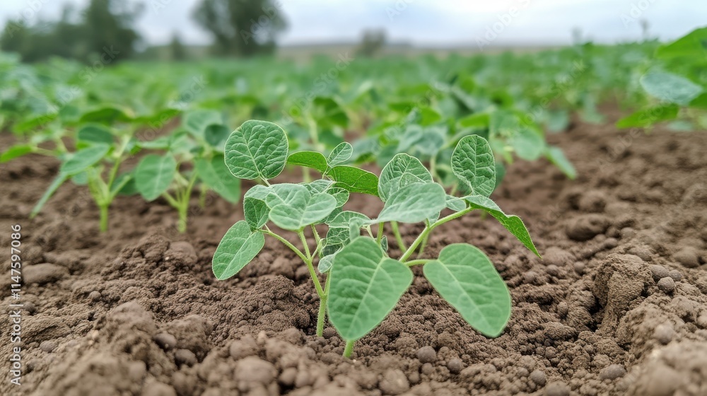 Close-up of vibrant green soybean sprouts in rich soil. Illustrates agricultural growth and the promise of a bountiful harvest. Close-up of vibrant green soybean sprouts in rich soil. Illustrates agricultural growth and the promise of a bountiful harvest.