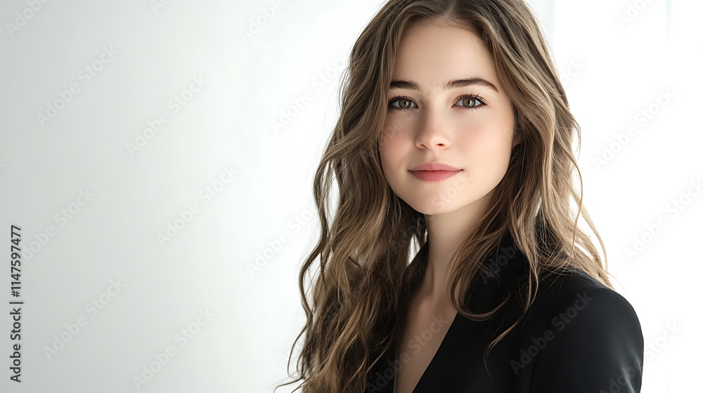 Portrait of a young woman with long brown wavy hair, wearing a black jacket, looking at the camera. Portrait of a young woman with long brown wavy hair, wearing a black jacket, looking at the camera.