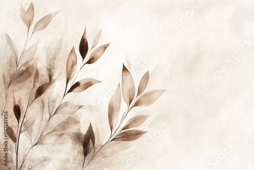 Watercolor painting of sepia toned leaves and branches on a beige background.