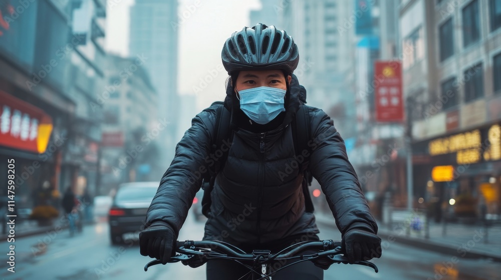 Cycling through the city urban streets photograph foggy environment close-up view health awareness concept Cycling through the city urban streets photograph foggy environment close-up view health awareness concept