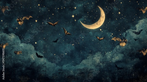 Wallpaper Mural Mysterious night scene with bats moonlit sky digital artwork fantasy environment wide angle view enigmatic atmosphere Torontodigital.ca