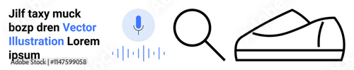 Microphone icon with sound waves, magnifying glass, modern shoe outline, and sample text. Ideal for technology, search, innovation, audio, transcription, fashion, minimalism themes. Landing page