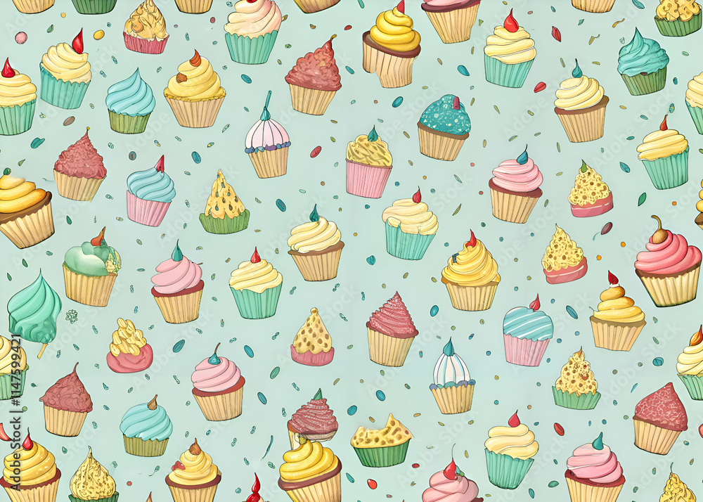 Colorful Cupcakes Pattern. A Delightful Bakery Background Colorful Cupcakes Pattern. A Delightful Bakery Background