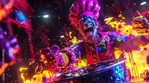 A terrifying chef figure, covered in vibrant paint, screams while stirring a fiery pot.  Surreal, chaotic scene with splashes of color and flames.