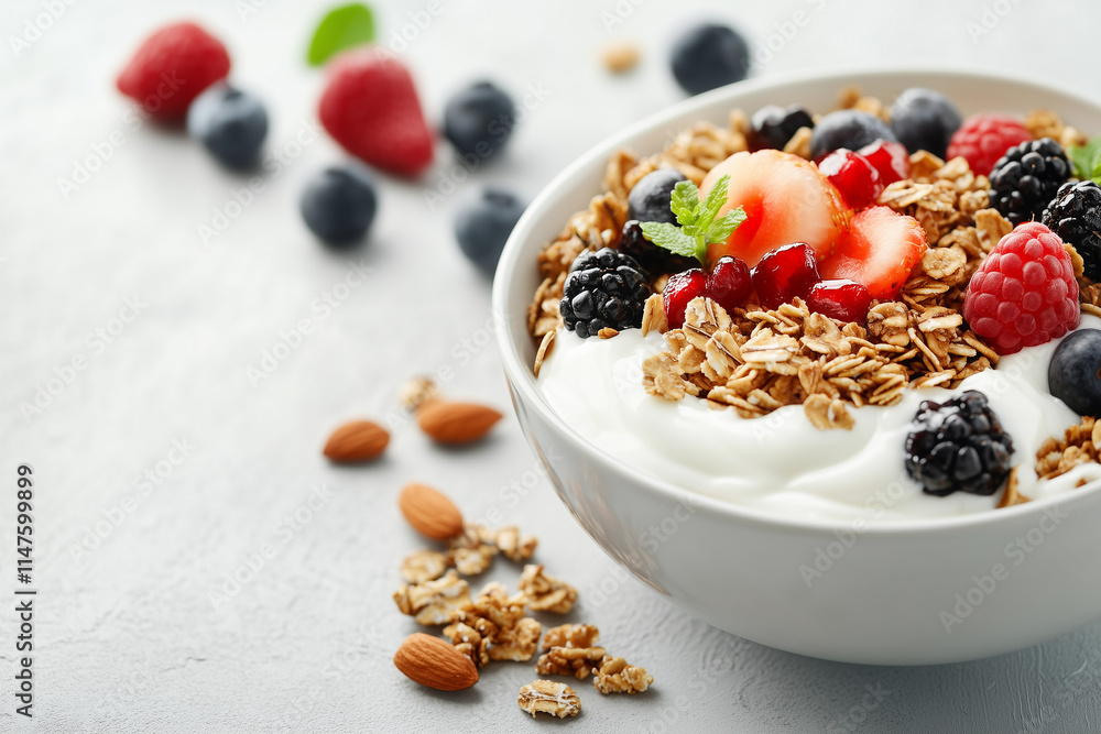 A bowl of granola topped with fresh yogurt, honey, and mixed fruits, surrounded by a scattering of nuts with copy space. Bright natural light. A bowl of granola topped with fresh yogurt, honey, and mixed fruits, surrounded by a scattering of nuts with copy space. Bright natural light.