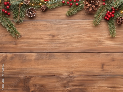 vintage christmas background with gift box blue baubles star fir branches on wooden desk photo