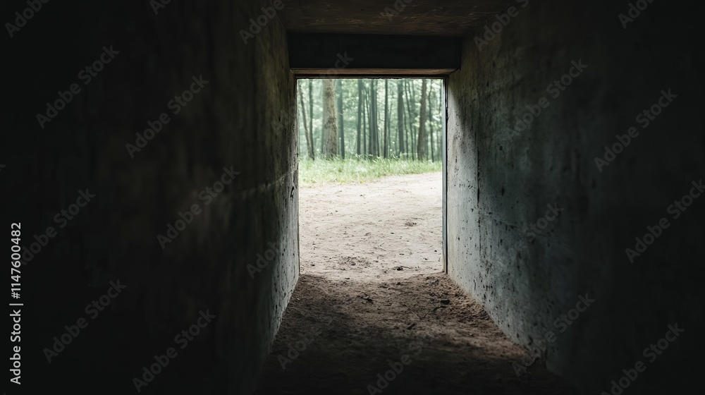 A serene view through a concrete passageway leading to a tranquil forest landscape. A serene view through a concrete passageway leading to a tranquil forest landscape.