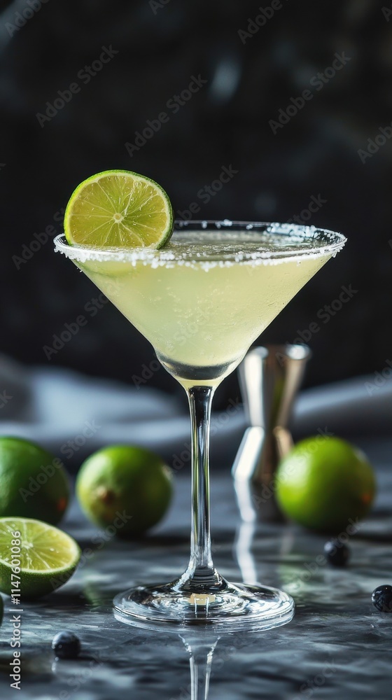 Refreshing lime cocktail served in a stylish glass high-resolution textures elegant bar environment Refreshing lime cocktail served in a stylish glass high-resolution textures elegant bar environment