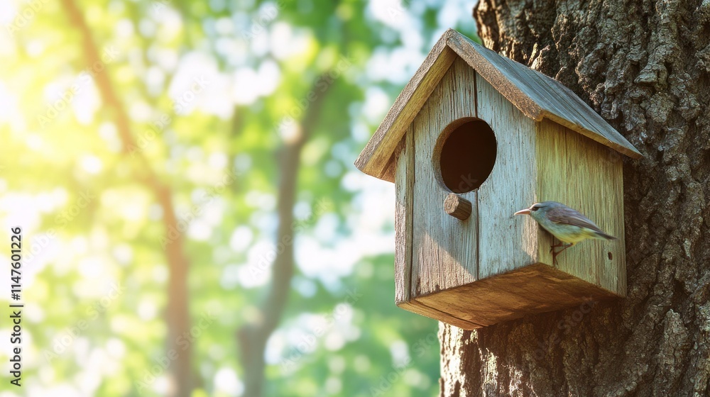 Birdhouse on tree with bird. Birdhouse on tree with bird.