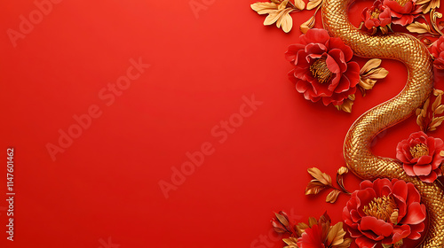 Wallpaper Mural Golden Dragon and Blossoms on Red Background, Perfect for Lunar New Year. A stunning 3D rendering of a golden dragon intertwined with pink blossoms on a rich red background. Torontodigital.ca