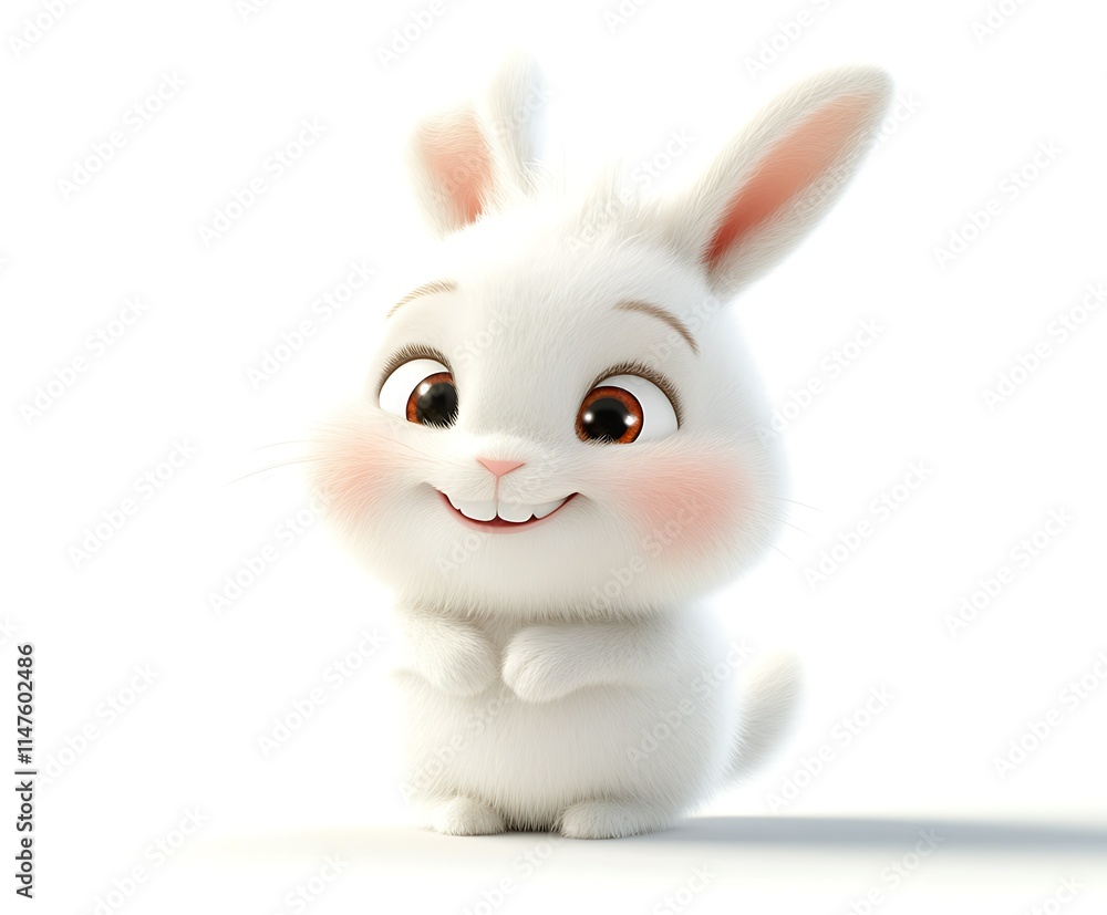 Fototapeta premium Adorable 3D rendered white bunny rabbit, sitting, smiling.