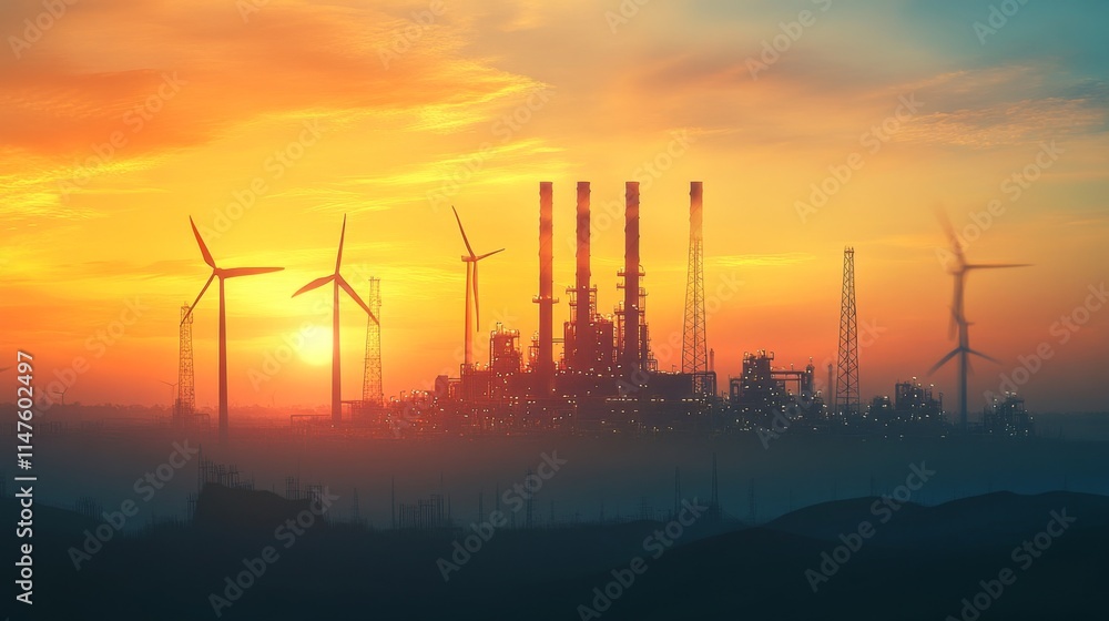 Fototapeta premium Industrial power generation wind and solar energy urban environment sunset view sustainable development