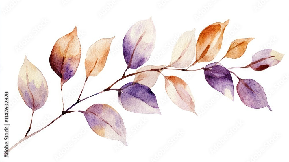 Obraz premium Watercolor painting of a branch with autumn leaves in purple, orange, and yellow hues.