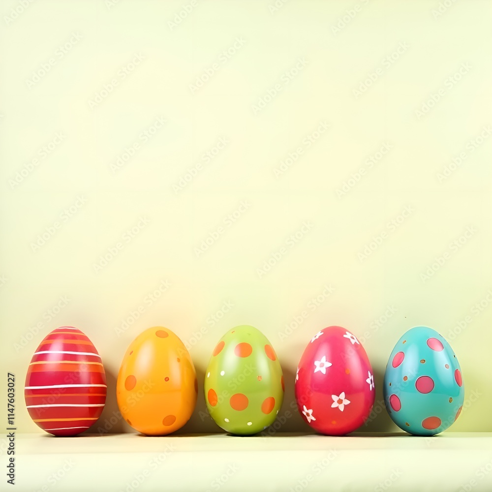 The banner features eggs of various colors neatly lined up in a row. Each egg has a unique shade: from bright red and sunny yellow to soft blue and green. The eggs are decorated with a variety The banner features eggs of various colors neatly lined up in a row. Each egg has a unique shade: from bright red and sunny yellow to soft blue and green. The eggs are decorated with a variety